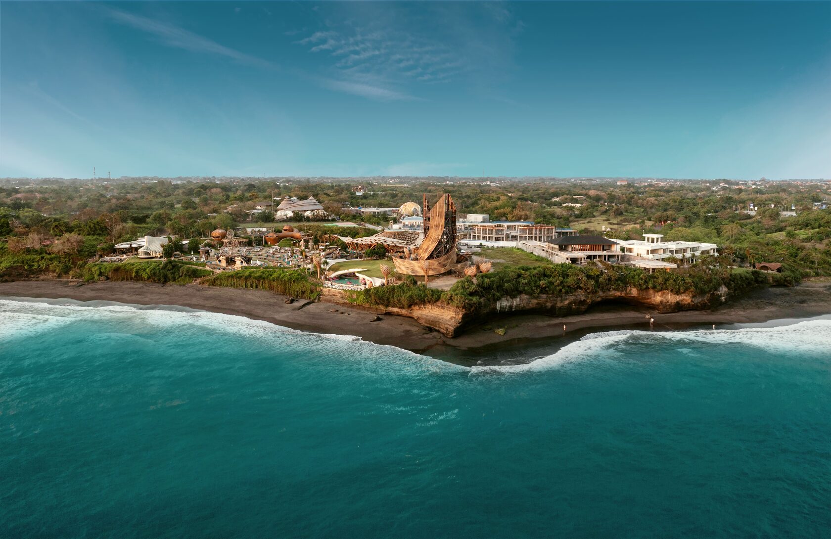 Nuanu Creative City and Luna Beach Club seen from the ocean