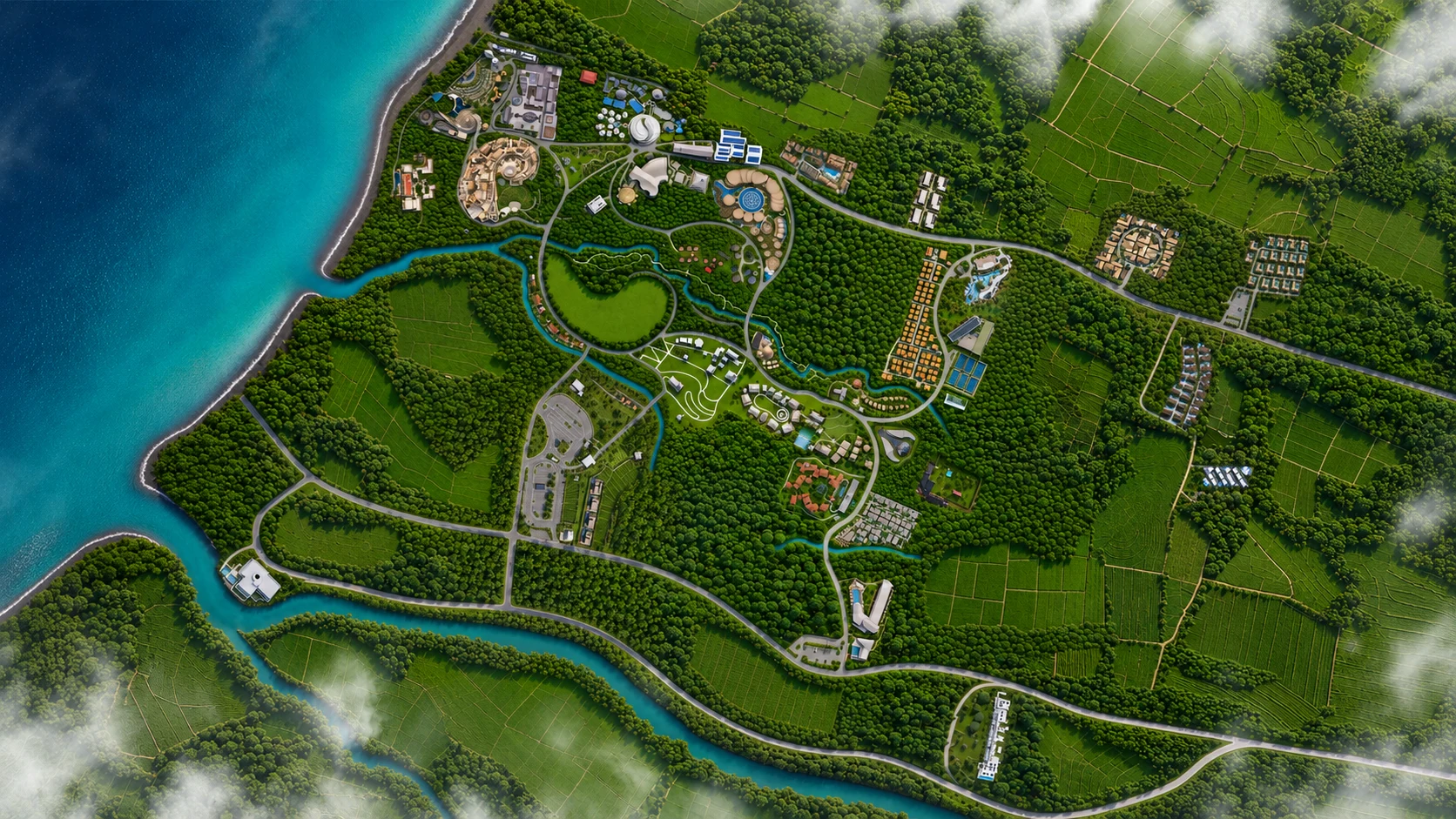 Illustrated aerial masterplan of Nuanu