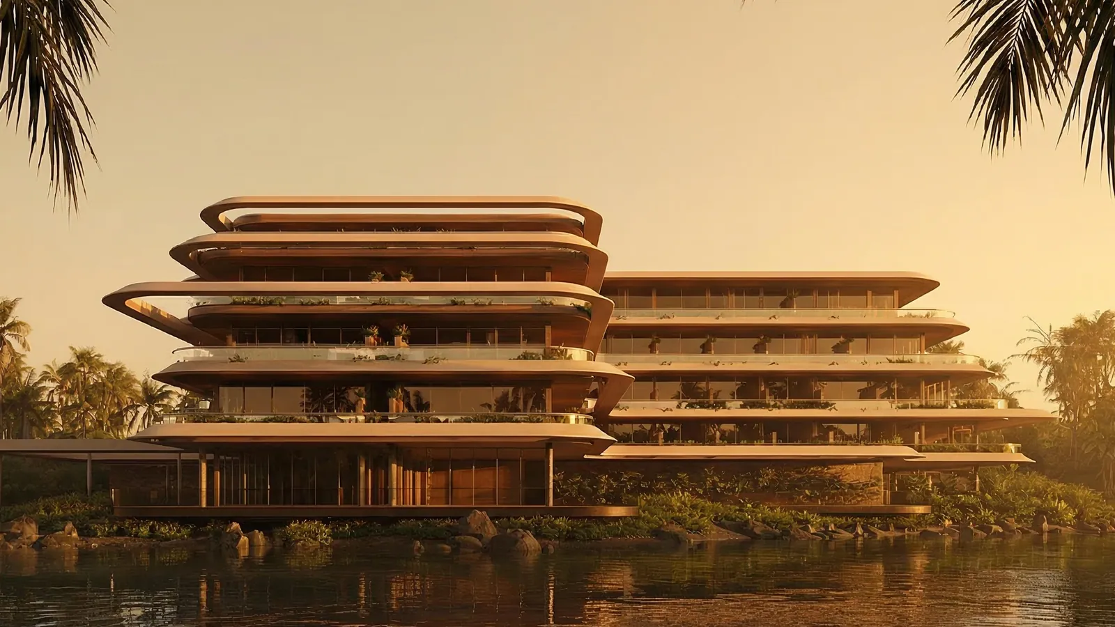 Luna Residence facing the water at sunset — architectural rendering