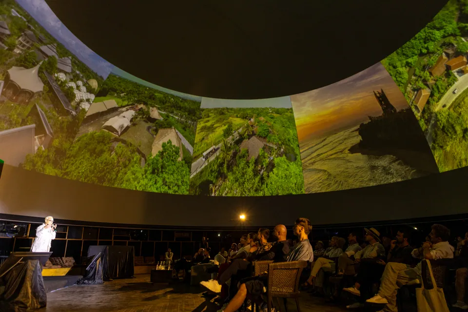 A speaker beneath the panoramic projection inside the Labyrinth Dome