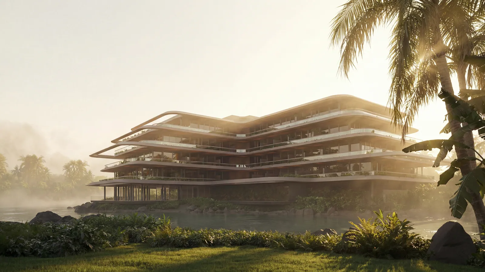 Luna Residence beside the water in warm sunlight — architectural rendering