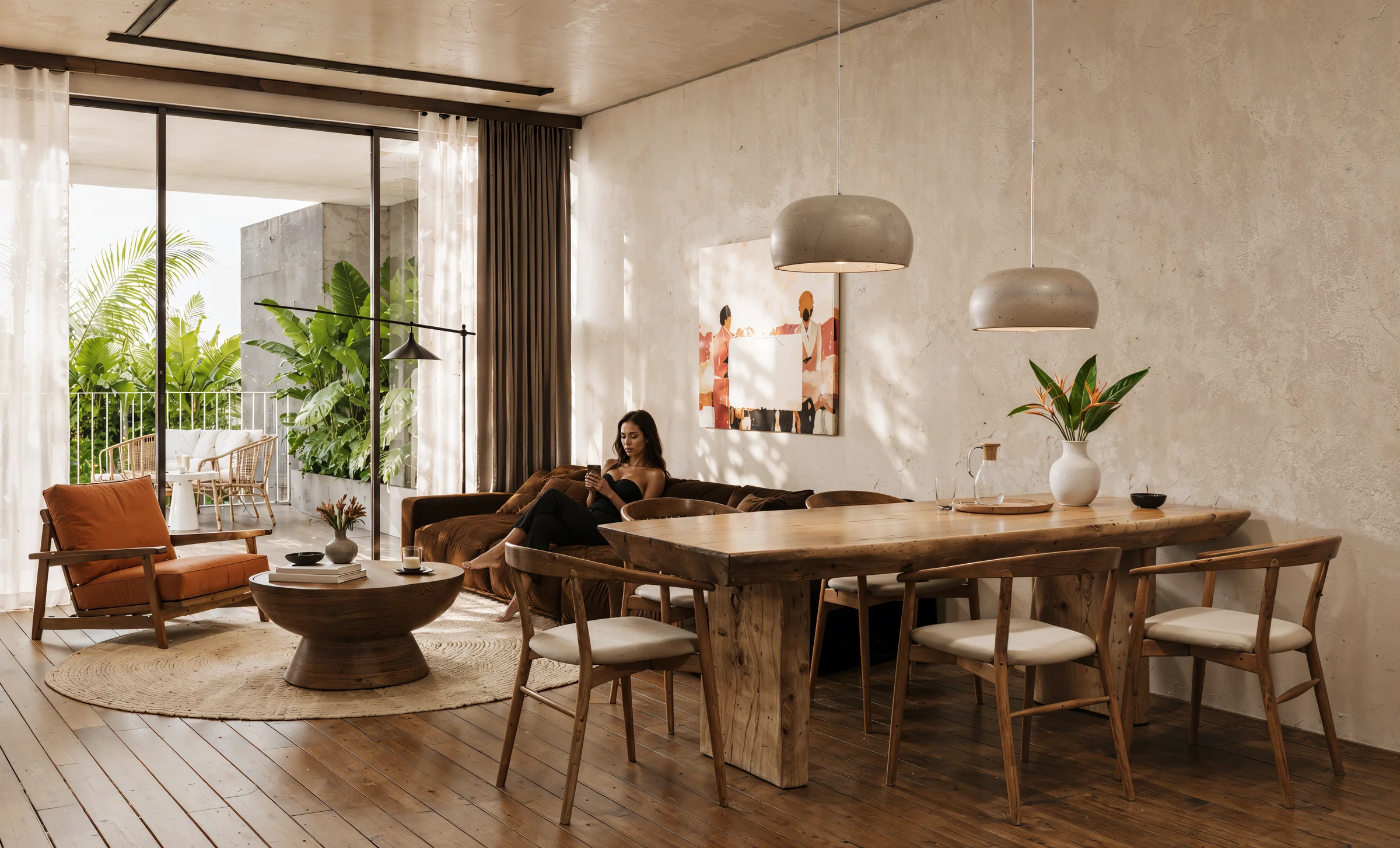 A warm living and dining room with a garden view