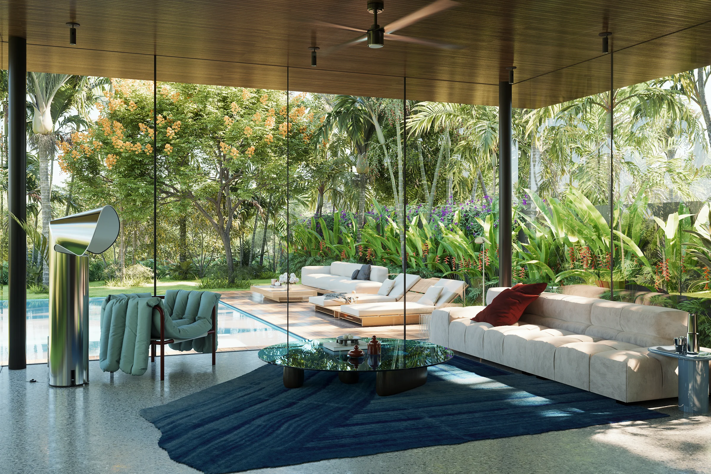 A light-filled living room opening onto tropical greenery