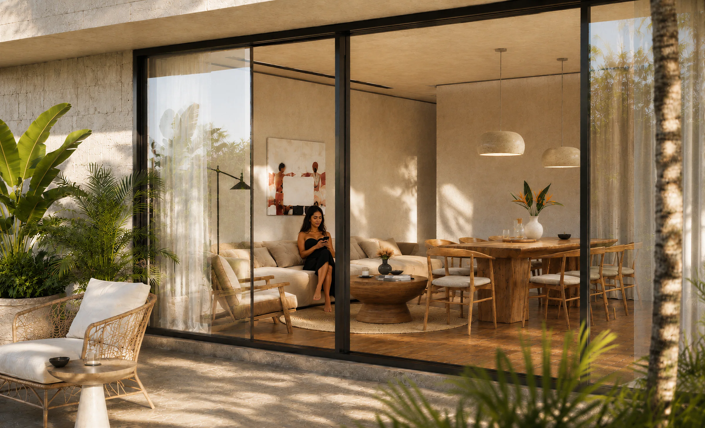 A terrace looking into a warm residential interior