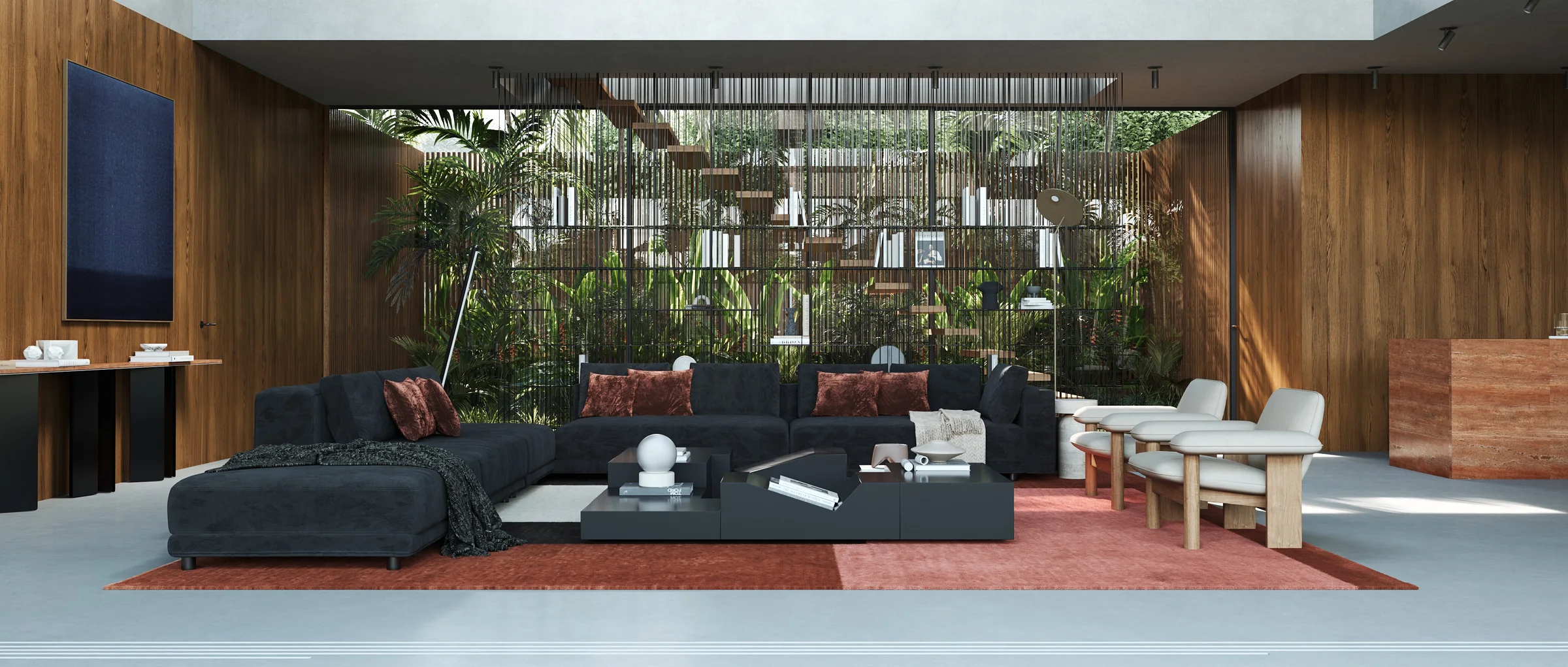 A spacious contemporary lounge surrounded by greenery